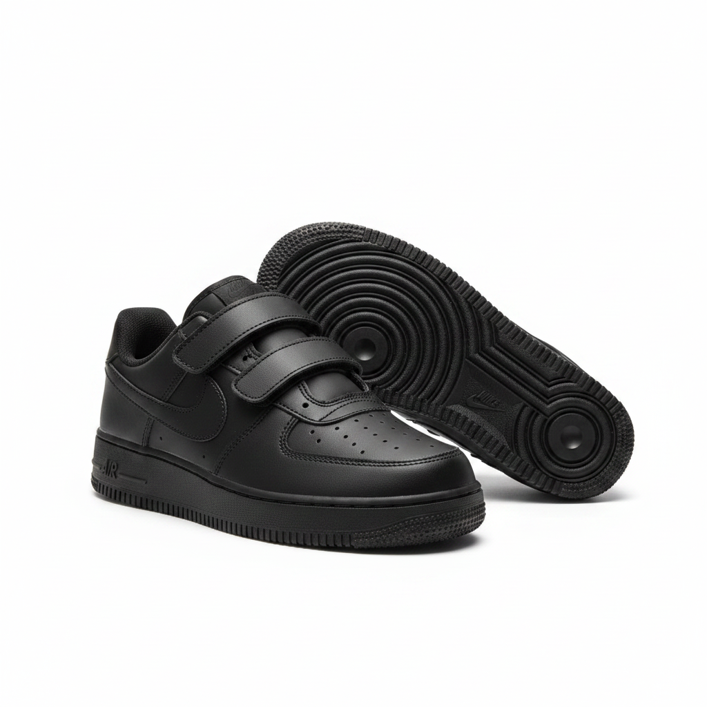 Steezu all-black velcro low-top sneaker ghost mannequin product shot, plain white background
