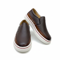 Tommy Hilfiger espresso brown pebbled leather slip-on sneaker dynamic ghost mannequin product shot, plain white background