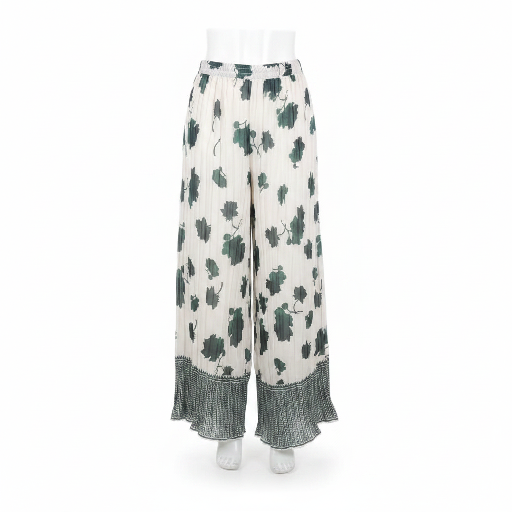 White Green Floral Wide-Leg Trousers - Ghost Mannequin