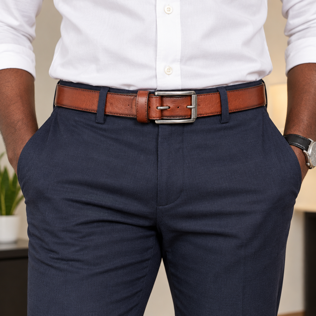 Cognac leather belt with silver-tone buckle worn with navy trousers