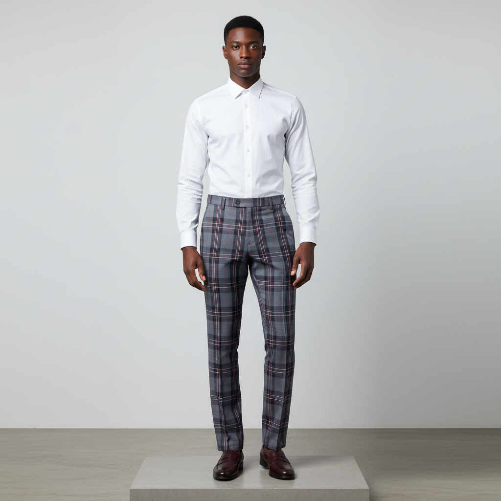 Grey Burgundy Tartan Trousers – Front Model