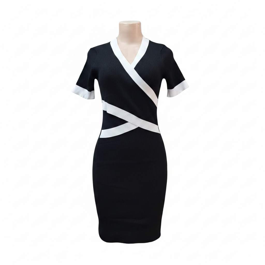 Ghost mannequin front view - black white wrap ribbed bodycon dress