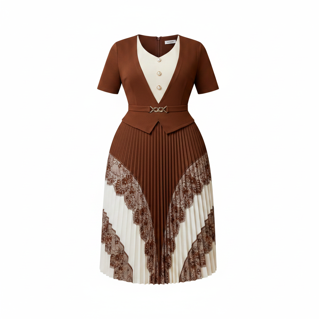 Chocolate brown and white pleated midi gown with floral lace border skirt and pearl buttons, ghost mannequin view