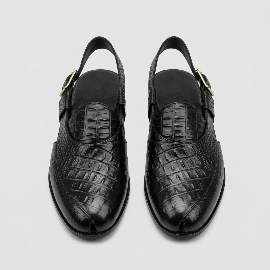 Men's black slingback sandals with croc texture, straight-on view of the pair