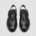 Men's black slingback sandals with croc texture, straight-on view of the pair