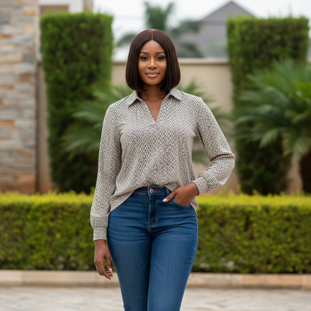Cream black diamond geometric polo collar blouse - front model view