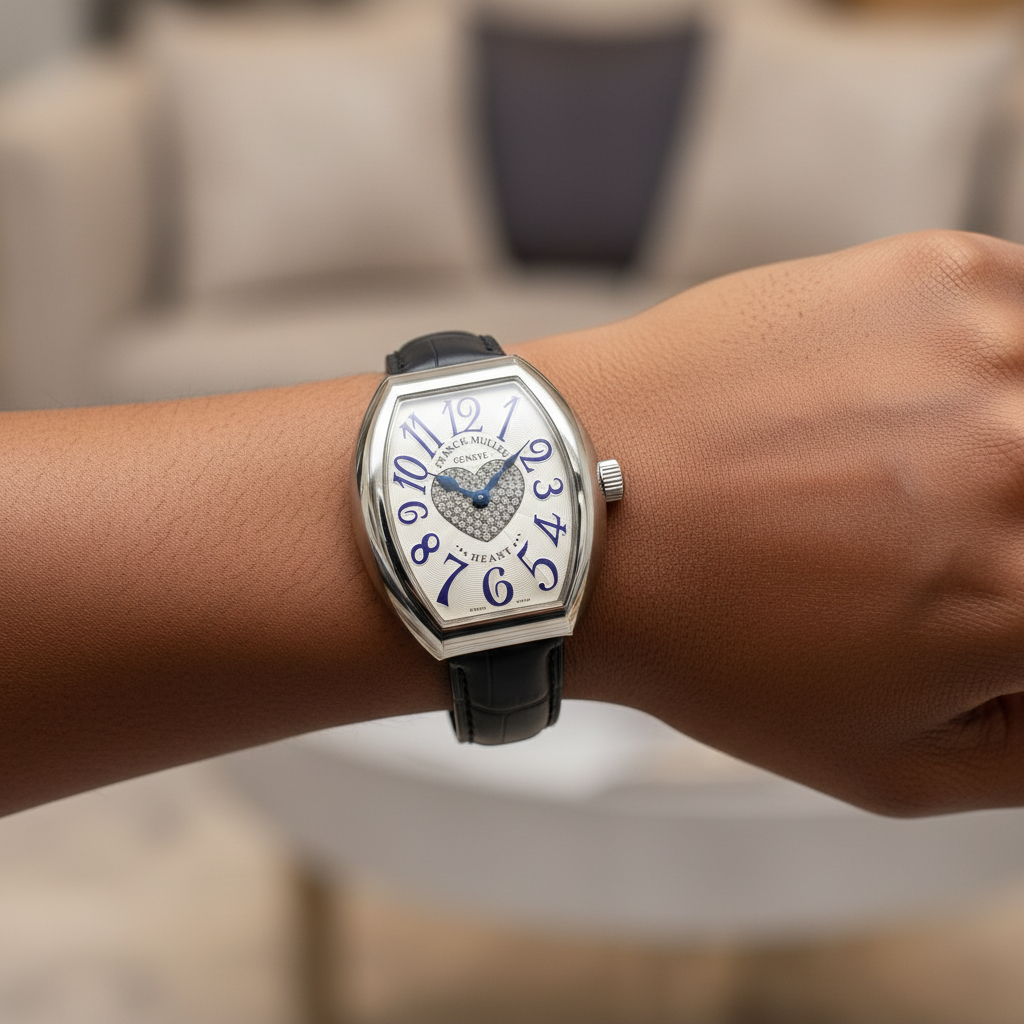 Women's silver plain bezel blue numeral crystal heart dial tonneau watch worn on Nigerian model wrist — navy strap lifestyle wrist shot