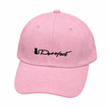 Pink baseball cap with black script embroidery on white background