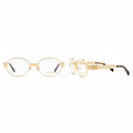 Unisex oval round fashion glasses with gold frame and clear lenses – front and side ghost mannequin view on white background