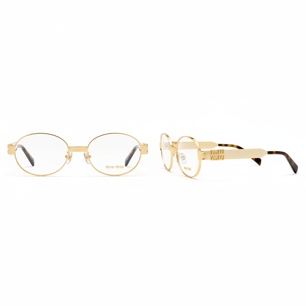 Unisex oval round fashion glasses with gold frame and clear lenses – front and side ghost mannequin view on white background