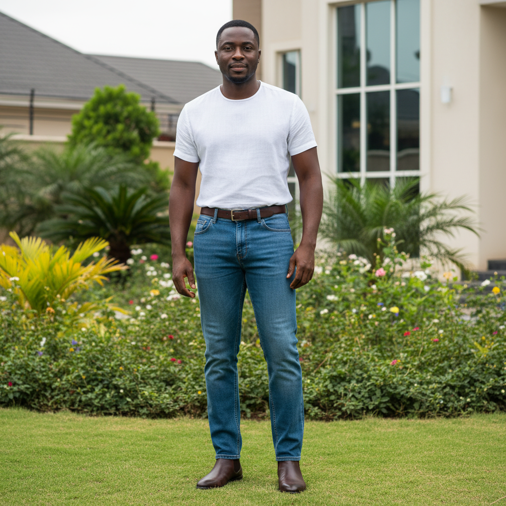 Nigerian male model wearing Women's Medium Blue Straight-Leg Denim Jeans Classic Mid-Rise