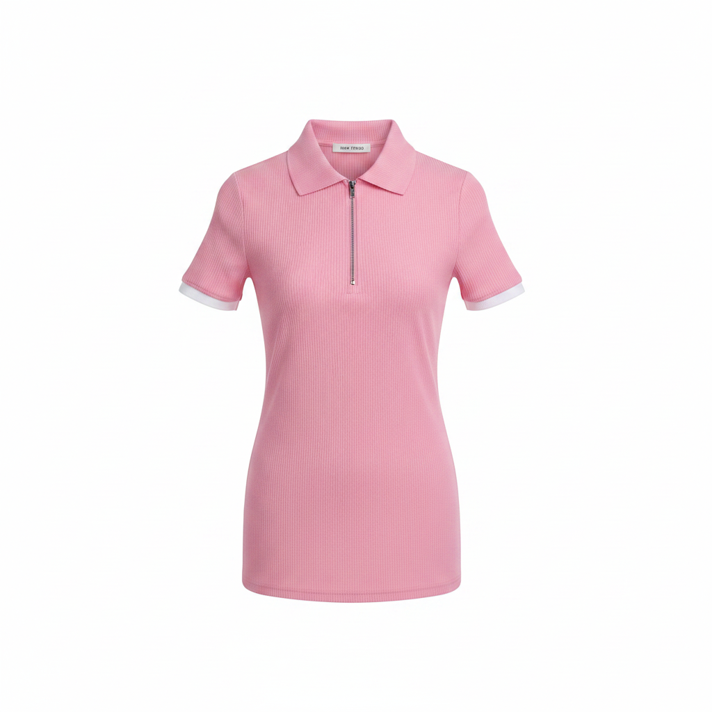 Pink Ribbed Half-Zip Polo Shirt - Ghost Mannequin Front