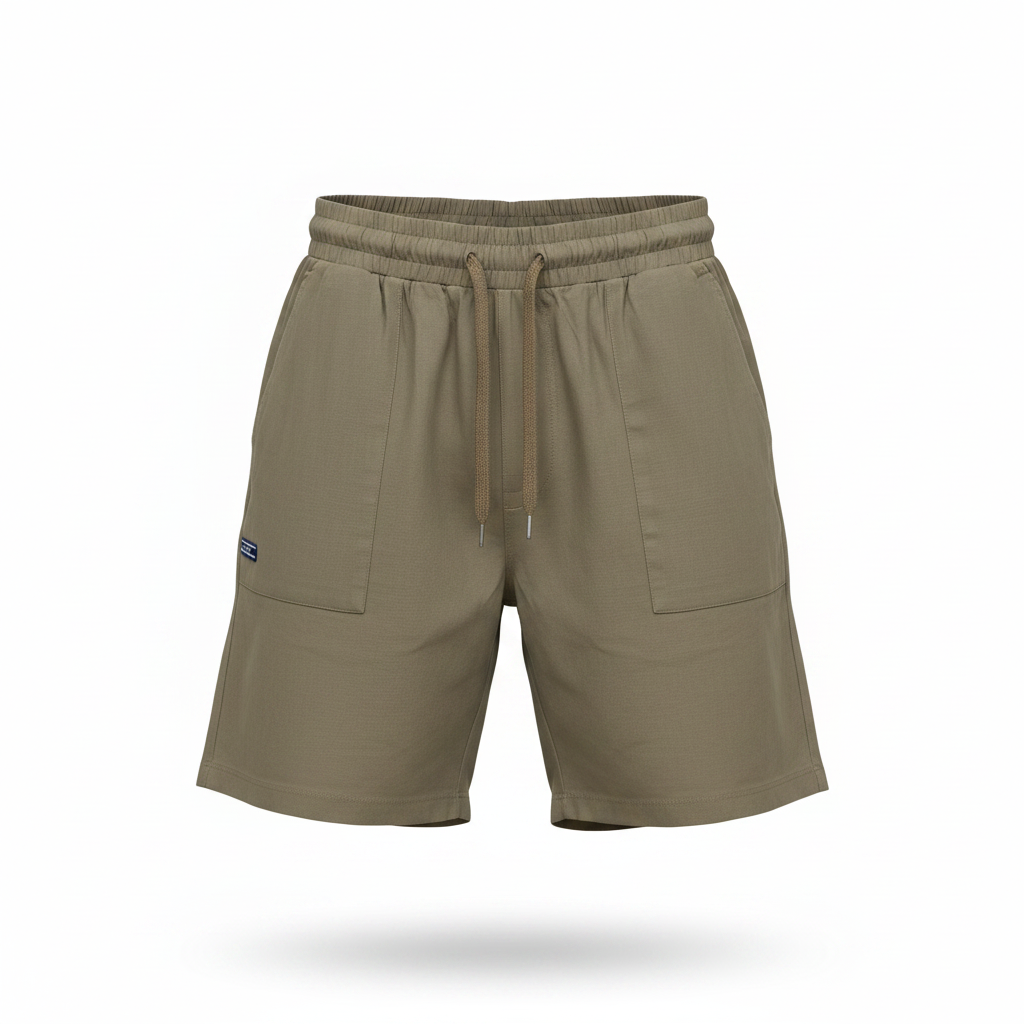 Khaki olive jogger shorts ghost mannequin view