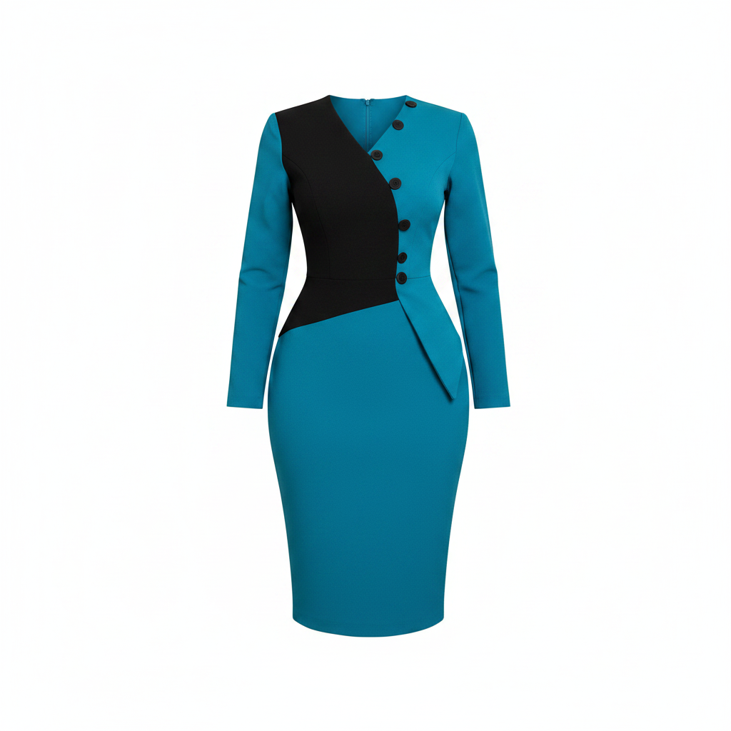 Women's teal and black colour-block long sleeve button detail fitted midi dress – ghost mannequin front view