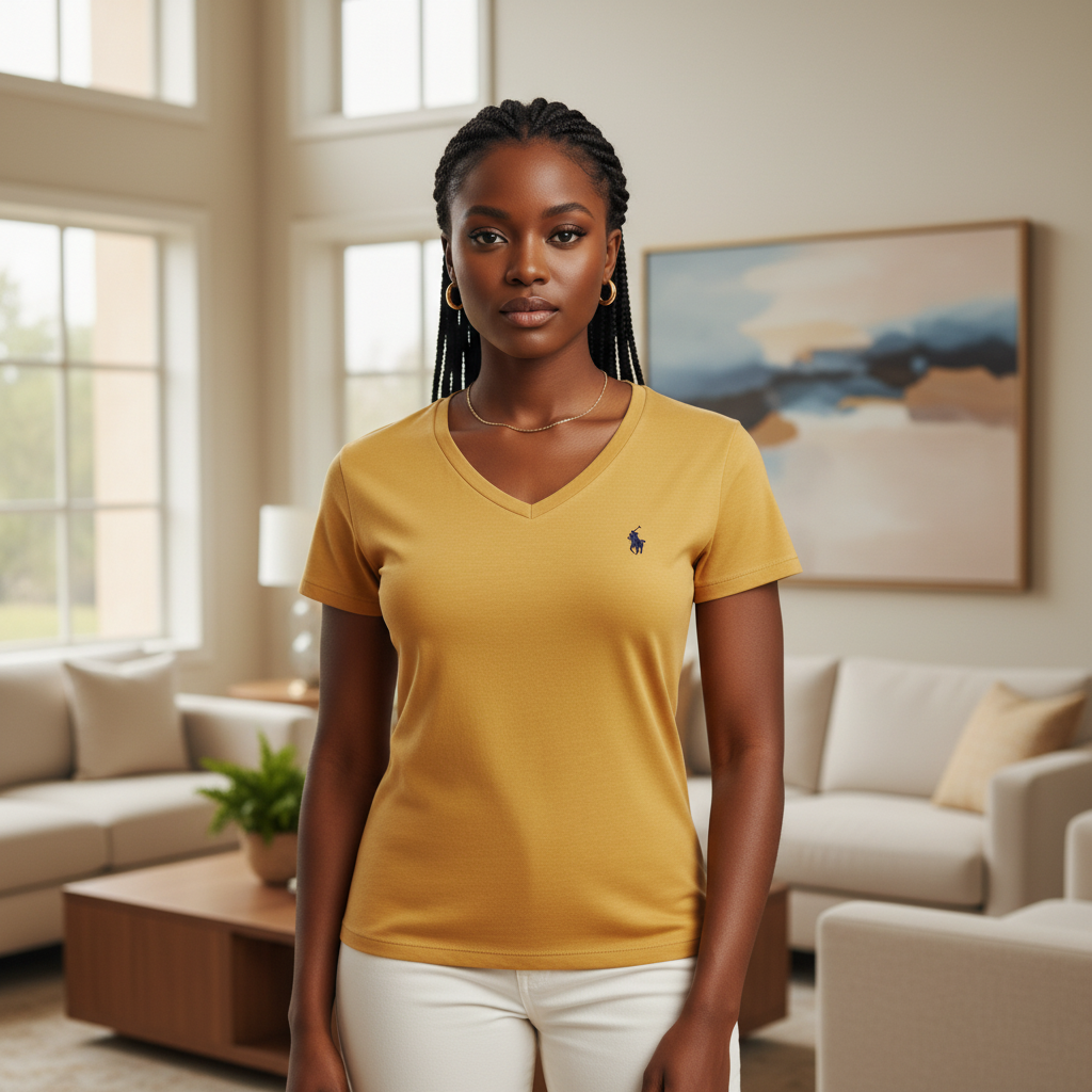 Mustard Yellow V-Neck Short-Sleeve Tee - Front Model