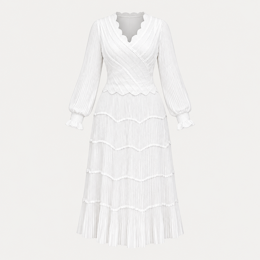 Ghost mannequin view of a white tiered pleated gown with bell sleeves and a scalloped neckline
