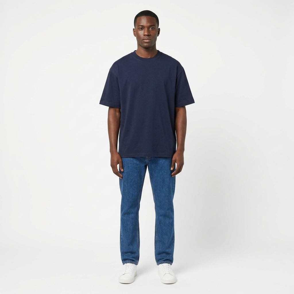 Full-body Black adult model wearing a plain navy T-shirt