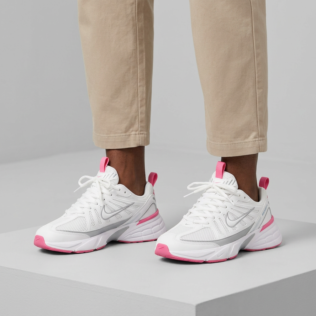 Leg-focused model wearing white and pink lace-up mesh sneakers