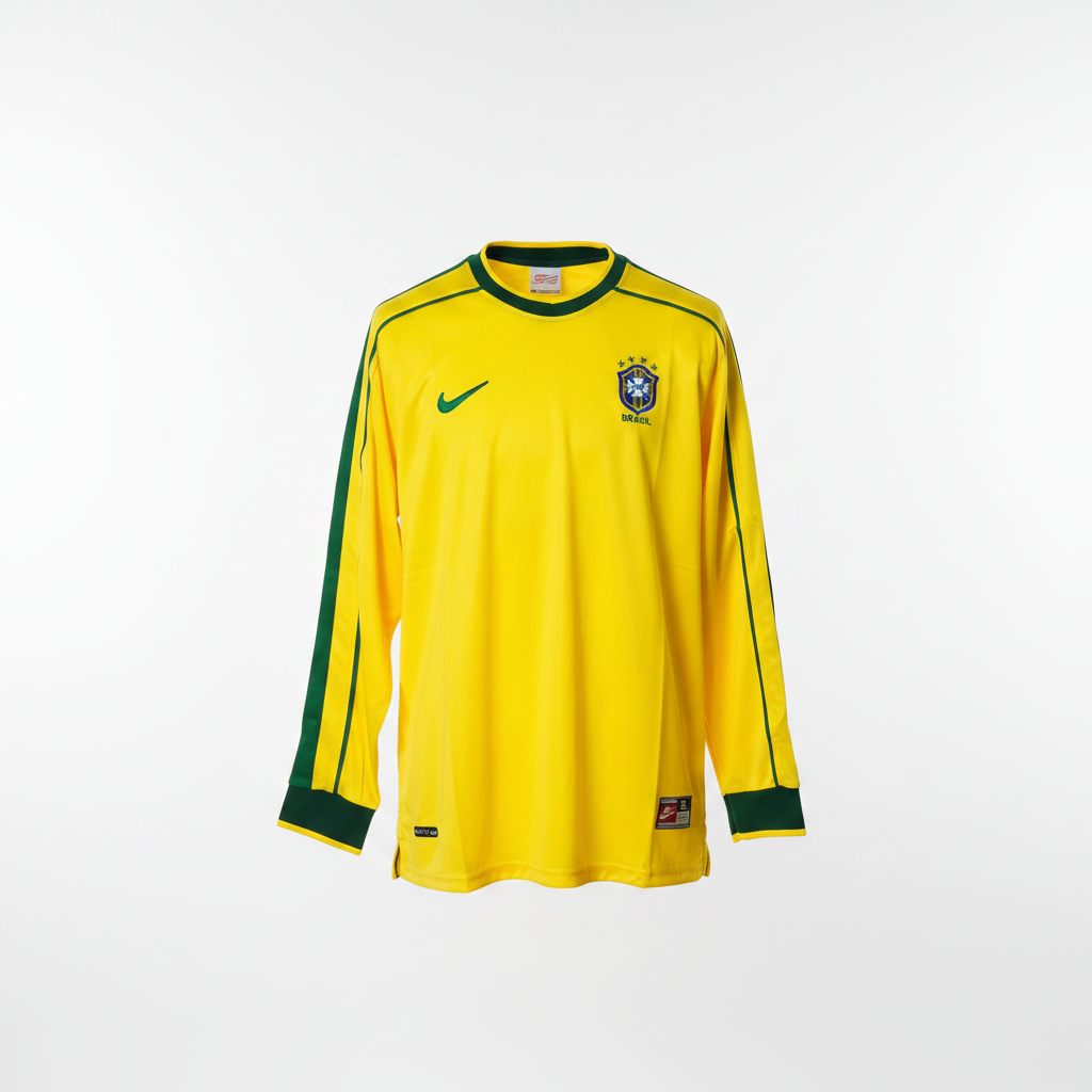 Yellow long-sleeve retro football jersey with green crew collar and trim, ghost mannequin front view