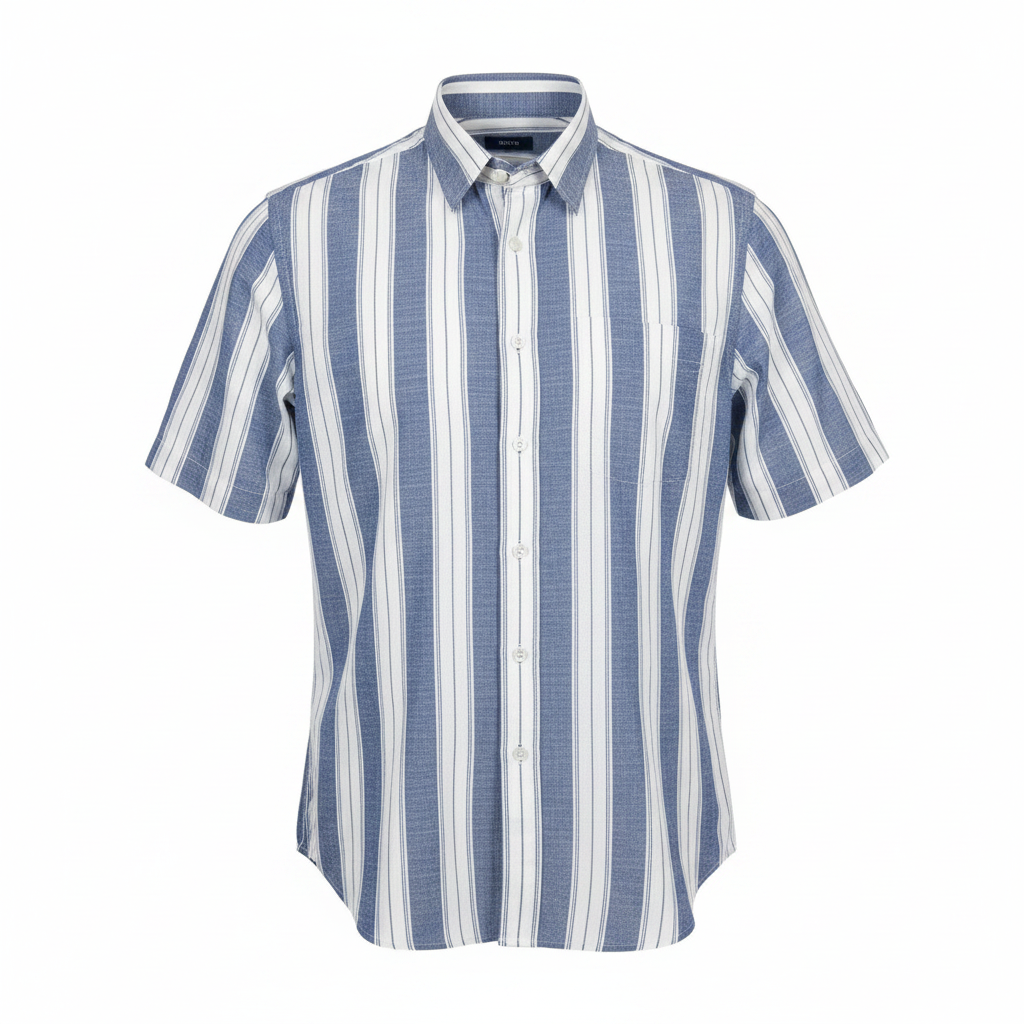 Ghost mannequin of blue and white stripe short-sleeved shirt