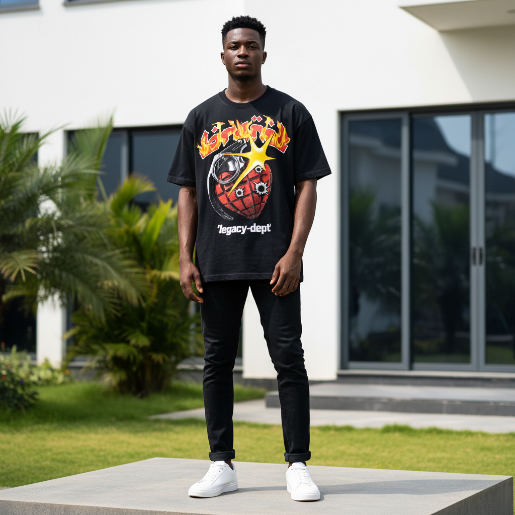 Nigerian male model wearing men's black flame and grenade graphic short-sleeve tee full body streetwear editorial shot