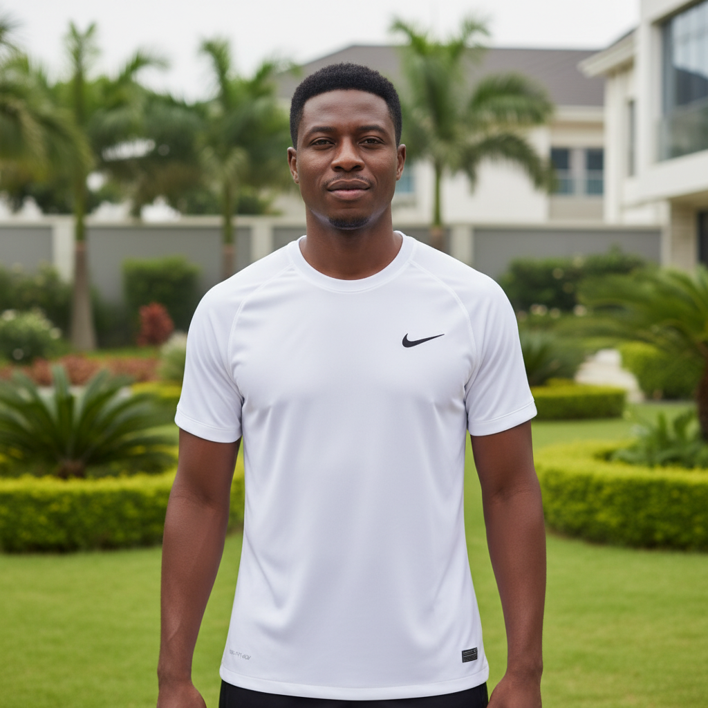 Nigerian male model wearing white breathable sport jersey