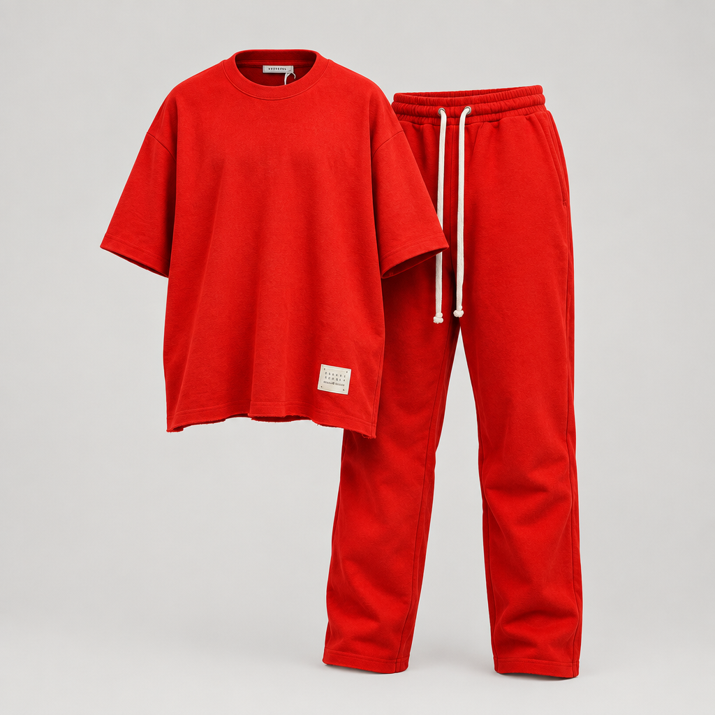 Red oversized t-shirt and jogger tracksuit set, ghost mannequin front view