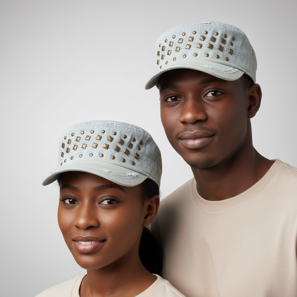 Nigerian male and female models wearing light wash denim studded military cadet cap