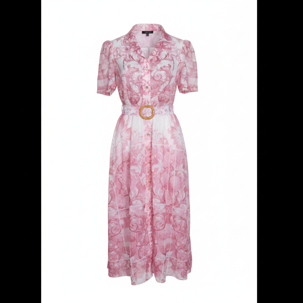 Ghost mannequin of pink baroque print belted shirt dress