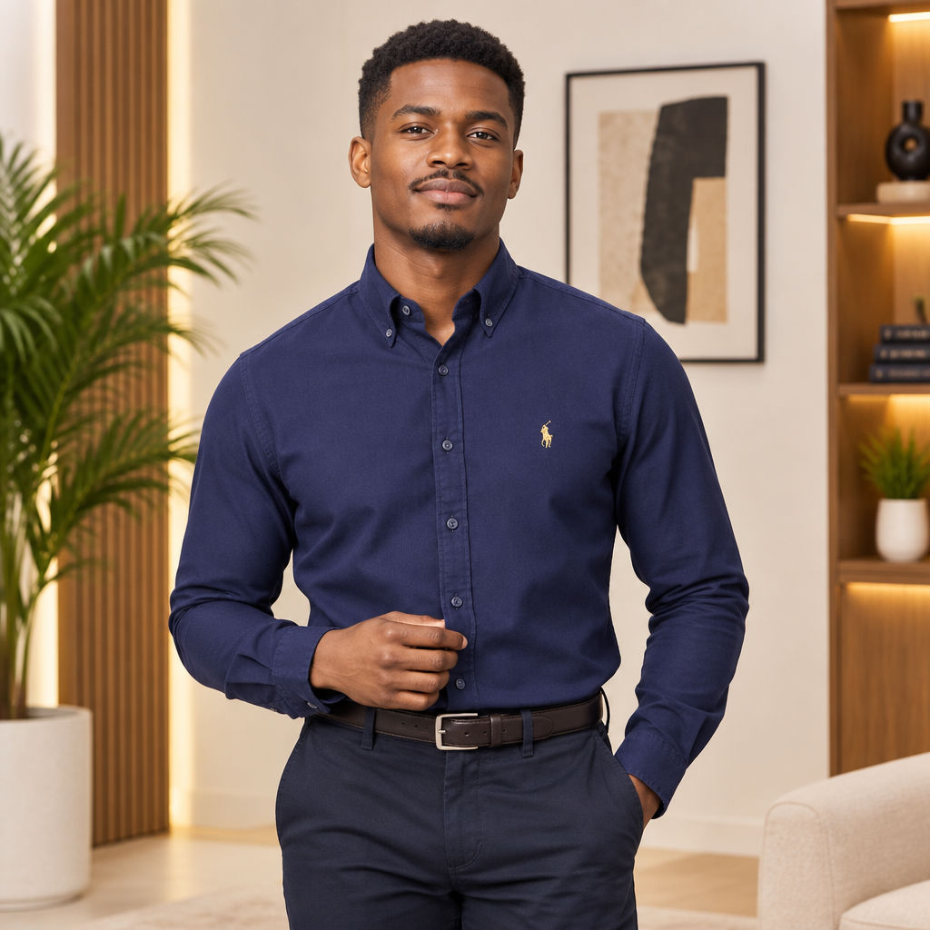 Young Black Nigerian man wearing navy blue Oxford button-down shirt