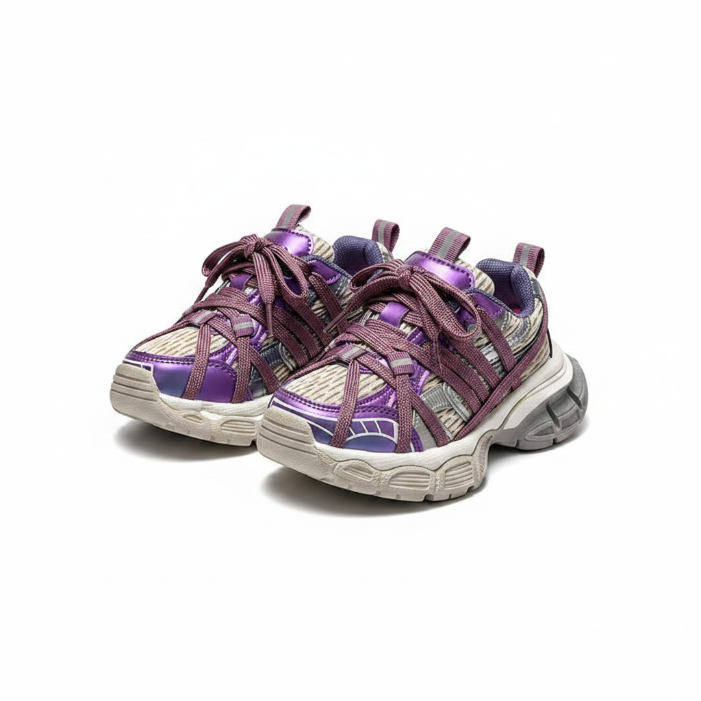 Kids' multi-strap cage chunky track sneakers ghost mannequin view purple colorway