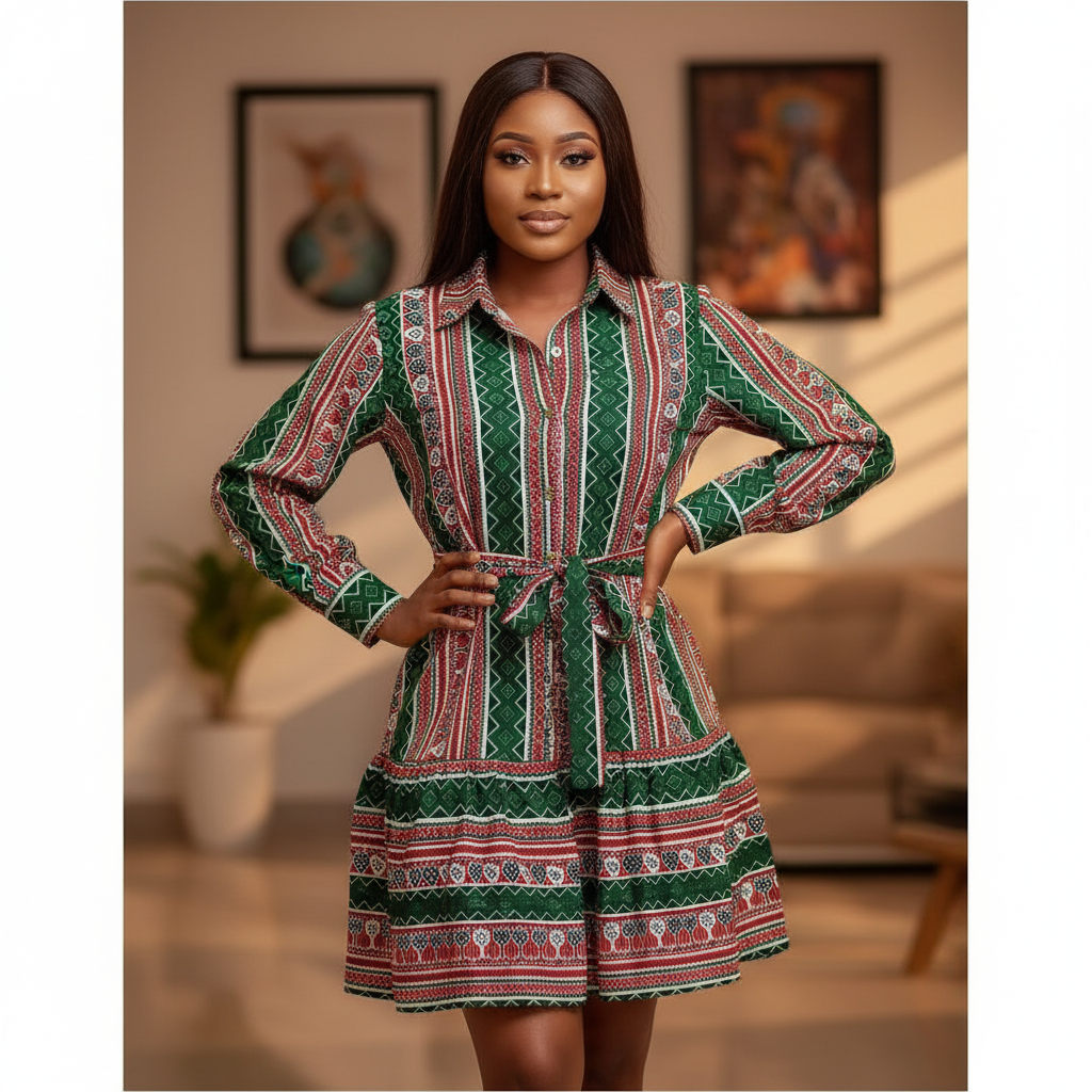 Adire Stripe Ruffle Shirt Dress - Model Shot
