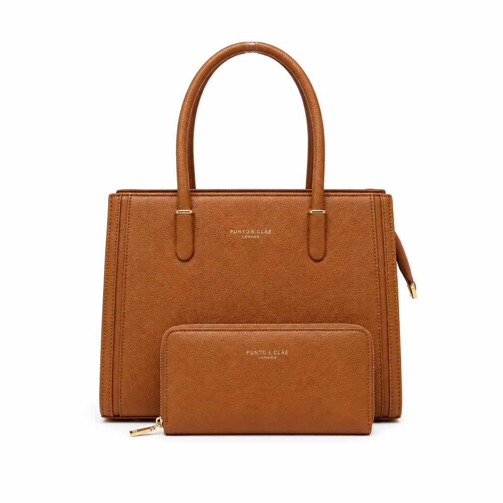 Cognac textured tote bag with matching zip-around wallet