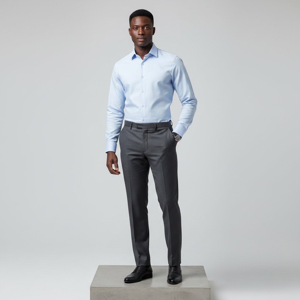 Nigerian male model wearing light blue long-sleeved shirt, front view