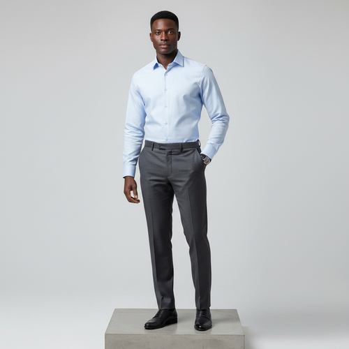 Nigerian male model wearing light blue long-sleeved shirt, front view