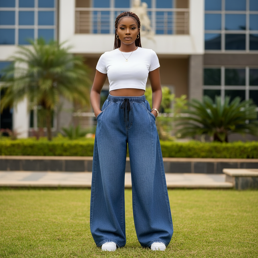 Blue Baggy Wide-Leg Drawstring Jeans - Nigerian Female Model Front View