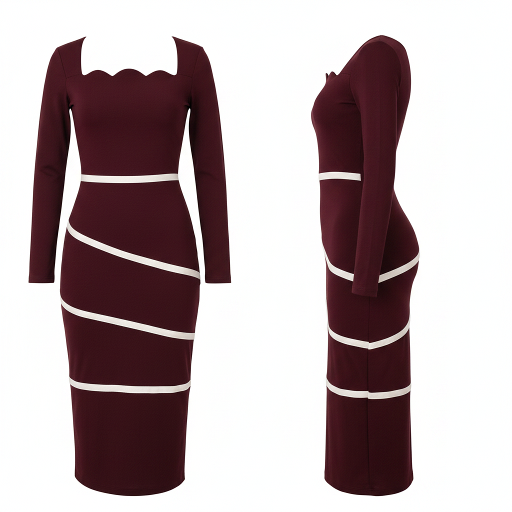 Women's Burgundy Scallop Neck Stripe Band Bodycon Midi Dress – Ghost Mannequin Front and Side View