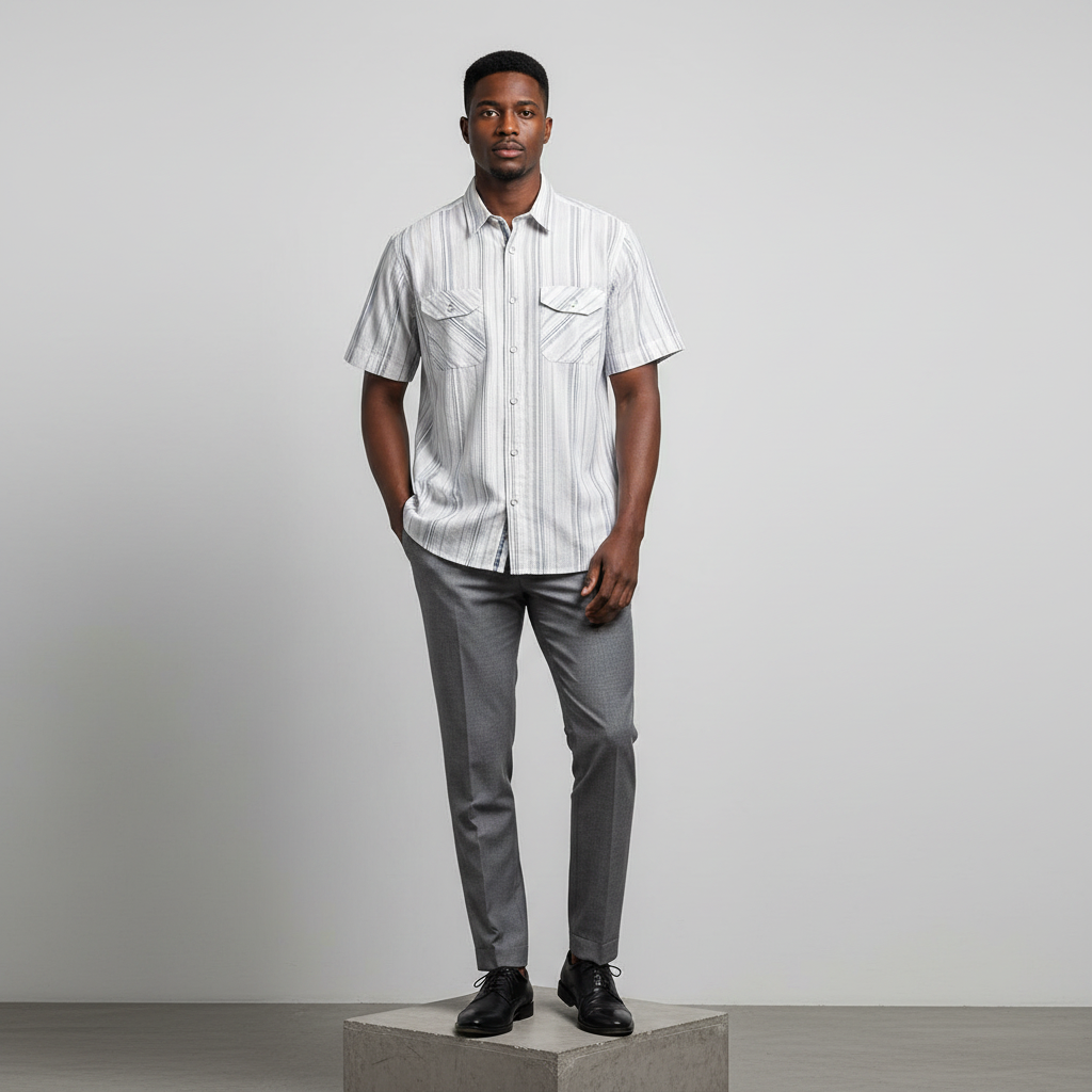 Nigerian male model wearing white grey striped short-sleeved shirt