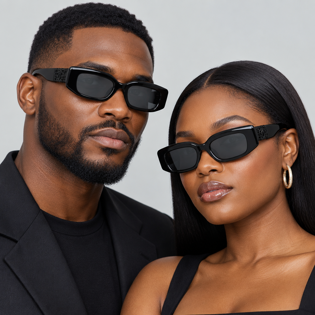 AI-generated adults wearing black rectangular sunglasses