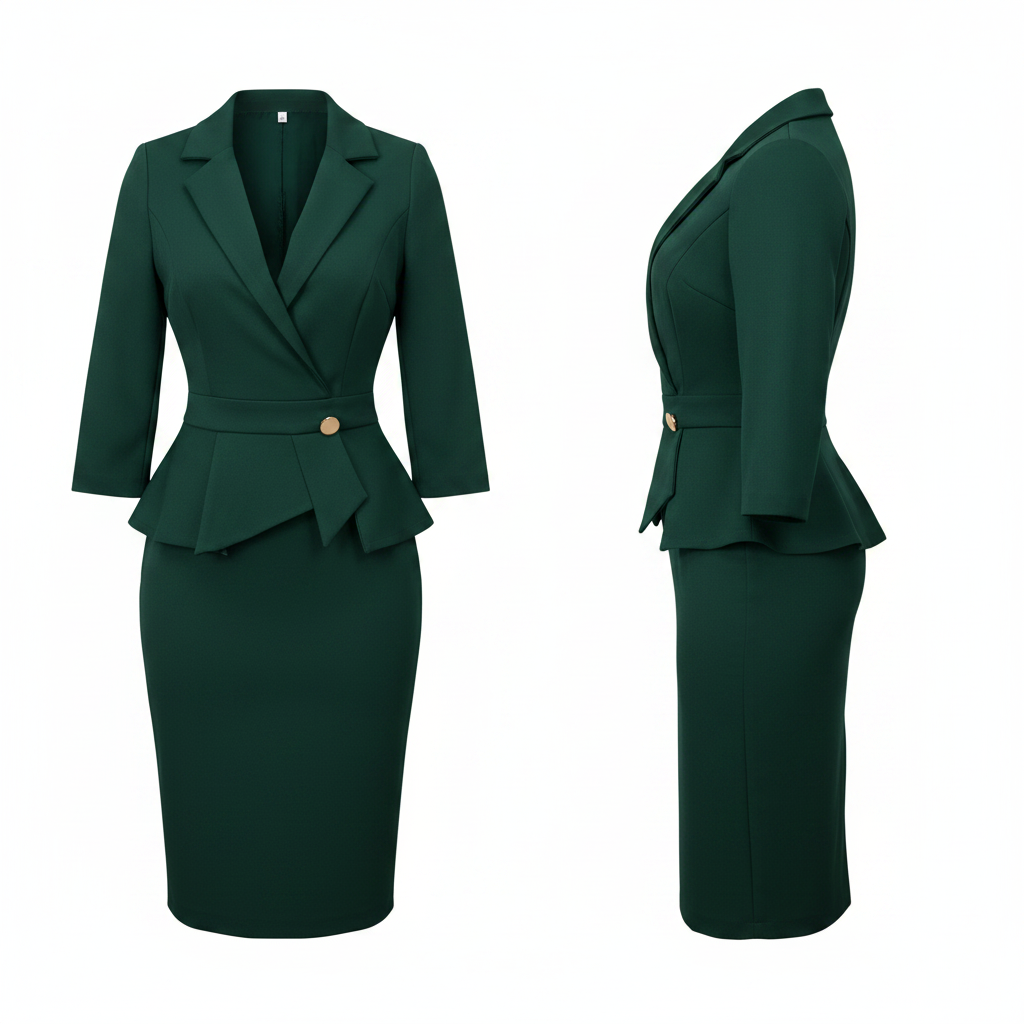 Women's Forest Green Faux Blazer Peplum Bodycon Midi Dress – Ghost Mannequin Front and Side View