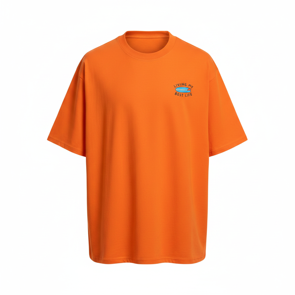 Unisex orange Living My Best Life graphic tee – ghost mannequin front view