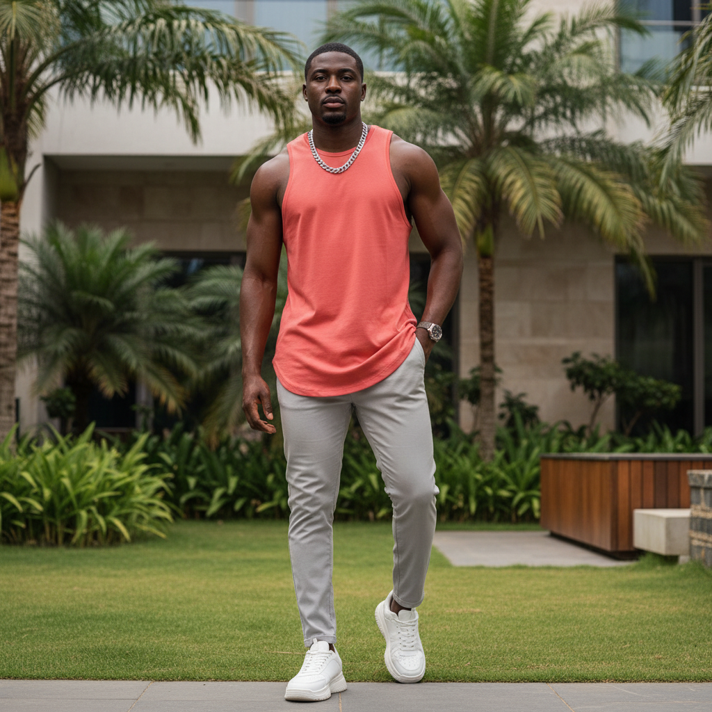 Nigerian male model wearing coral red sleeveless vest in outdoor setting