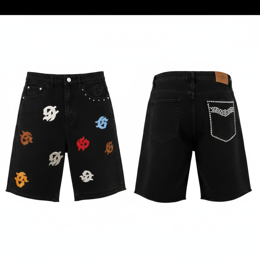 Men's black multicolour gothic monogram patch rhinestone denim shorts ghost mannequin front and back view