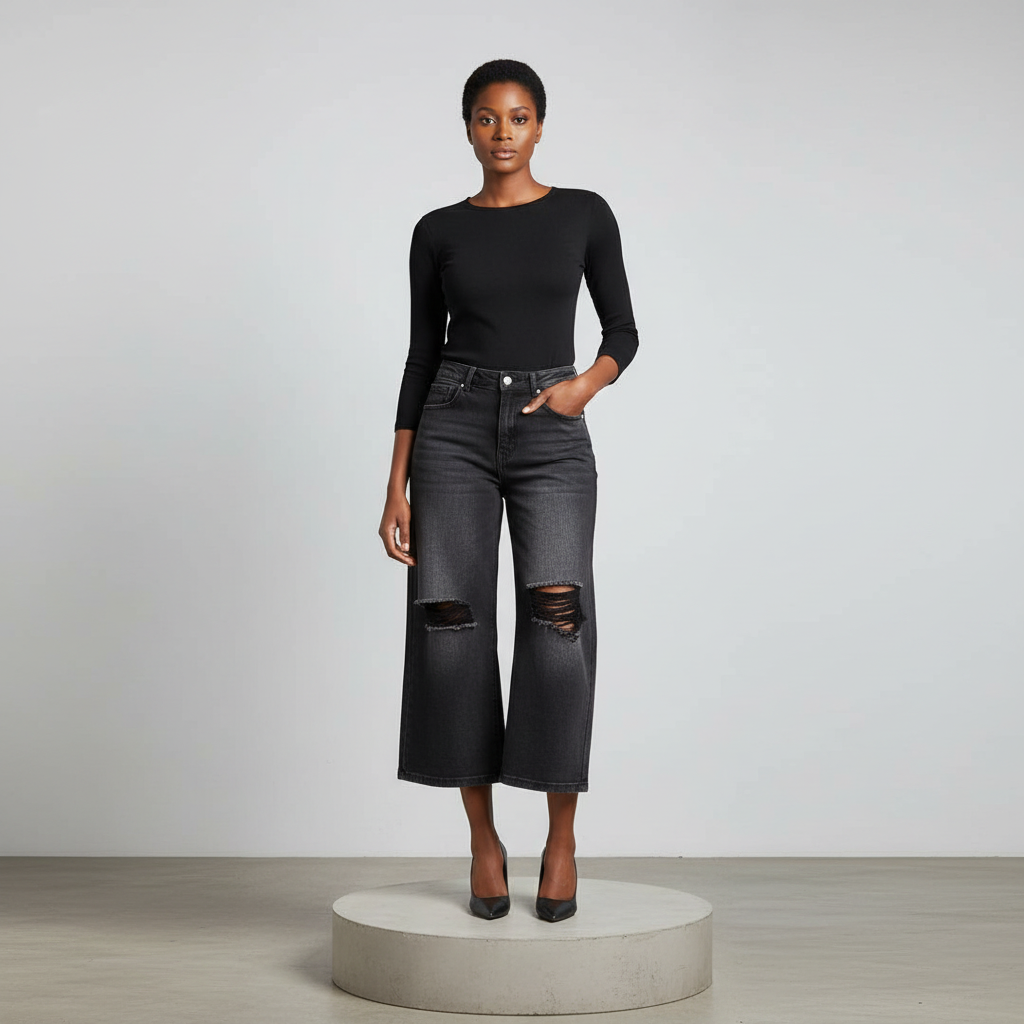 Black Distressed Wide-Leg 3/4 Denim Trousers - Model Front