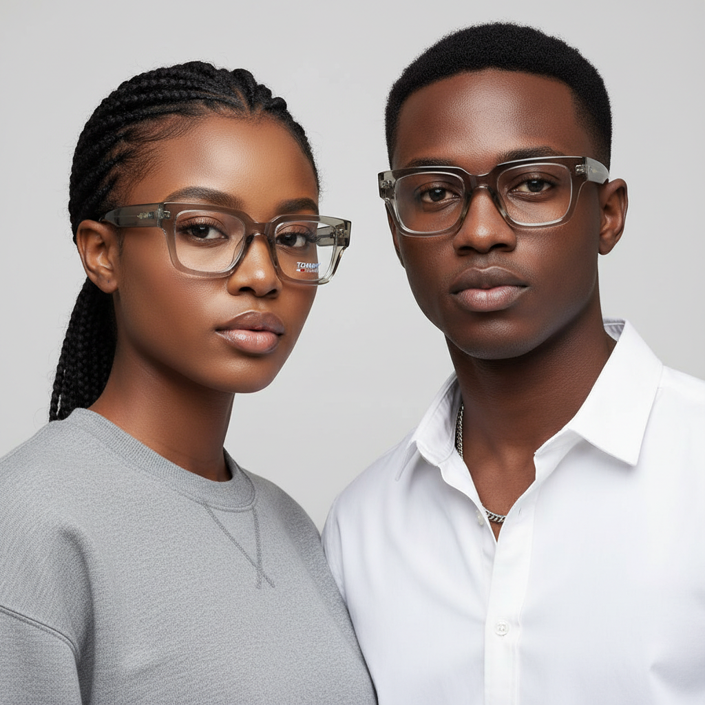 Nigerian female and male models wearing transparent grey bold square frame optical eyeglasses
