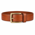 Tan Cognac Leather Brass Buckle Belt - Front View