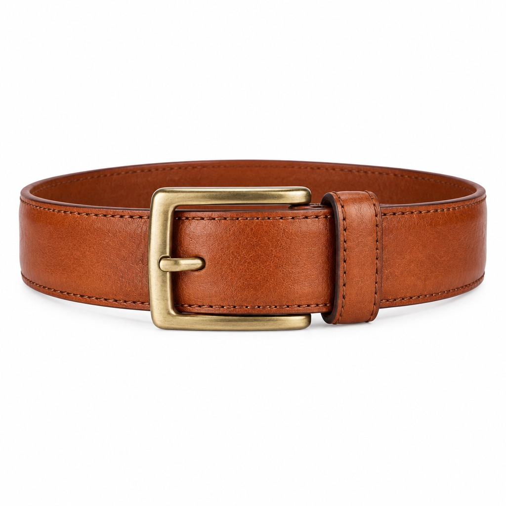 Tan Cognac Leather Brass Buckle Belt - Front View