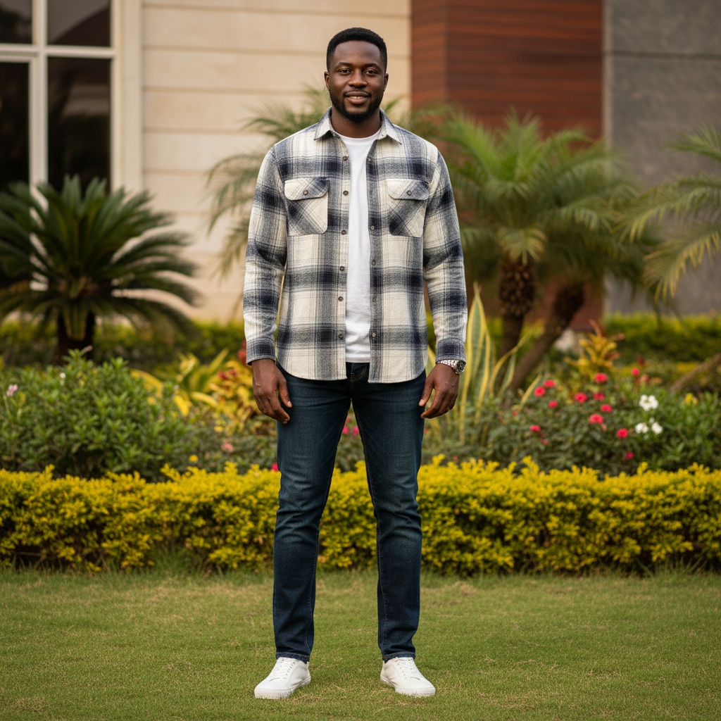Nigerian male model wearing cream and navy plaid flannel shirt — front view