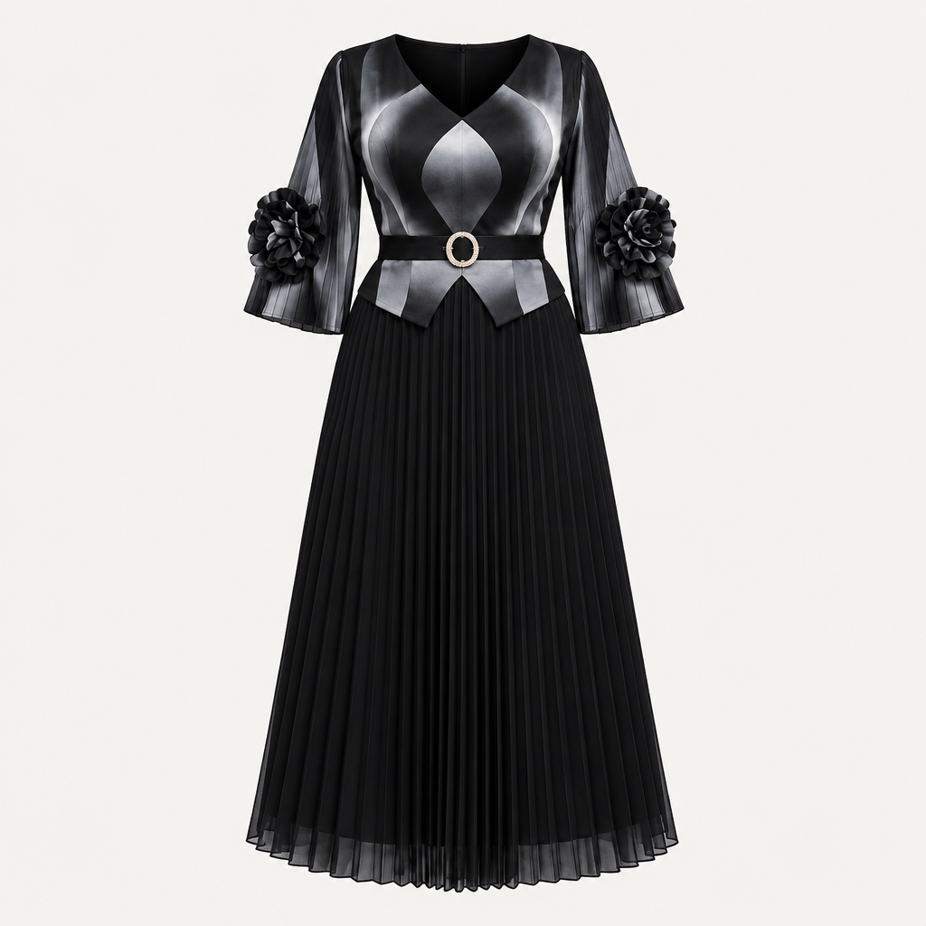 Ghost mannequin view of a black and silver pleated gown with floral cuff accents and a belted waist