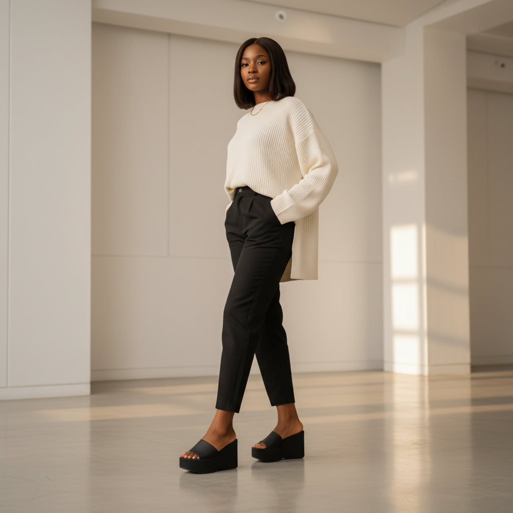 Black platform wedge slide sandals on model